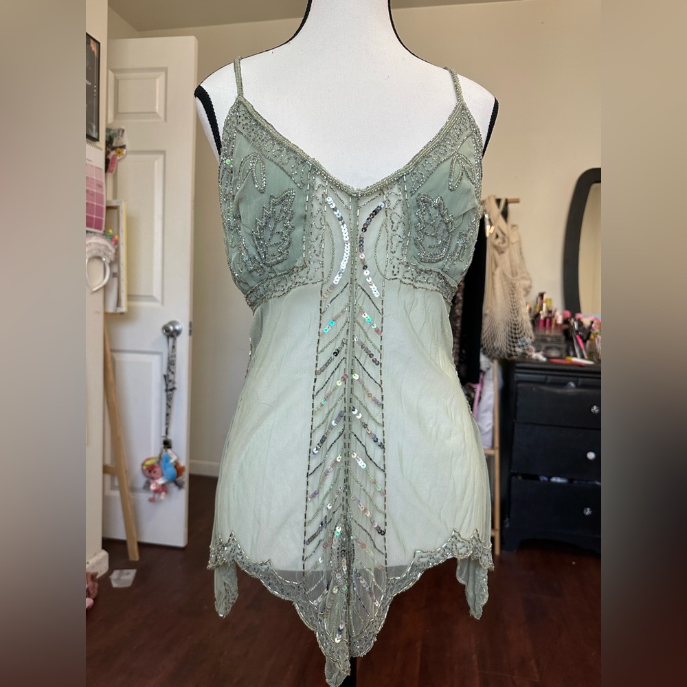 Blue green beaded mesh top